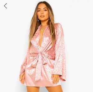 Boohoo Leopard satin tie front mini dress